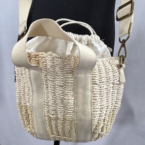 J CREW Small Montauk Bag Straw Tote Drawstring Top Removable Crossbody Strap - Picture 3 of 11
